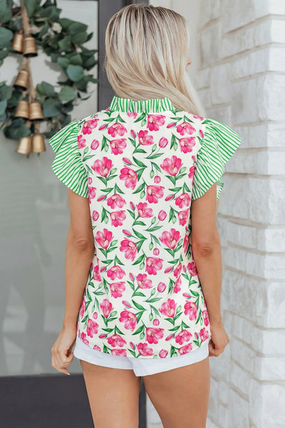 Multicolour Sweet Floral Print Striped Ruffle Trim V Neck Blouse