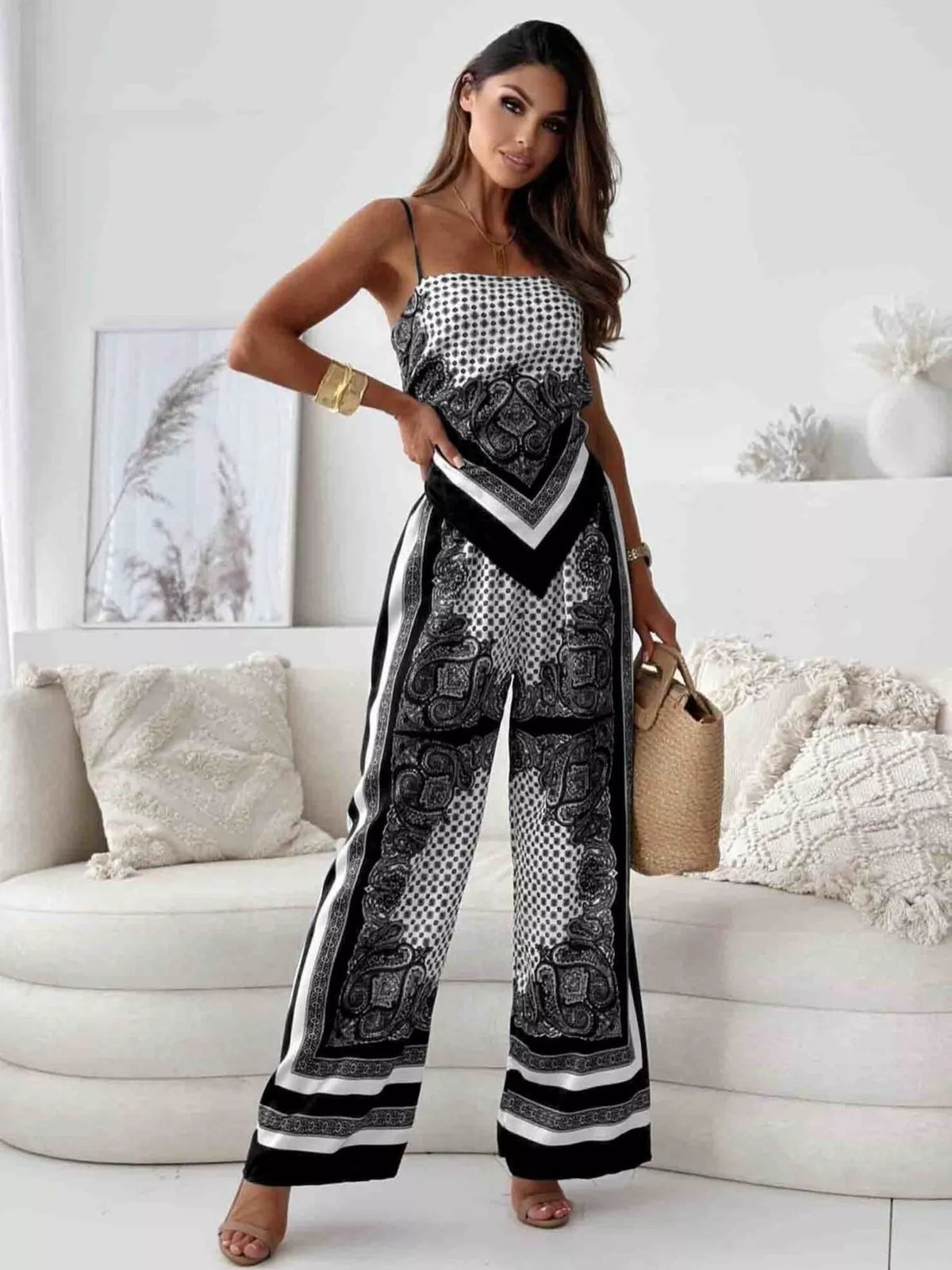 Printed Cami and Wide Leg Pants Set