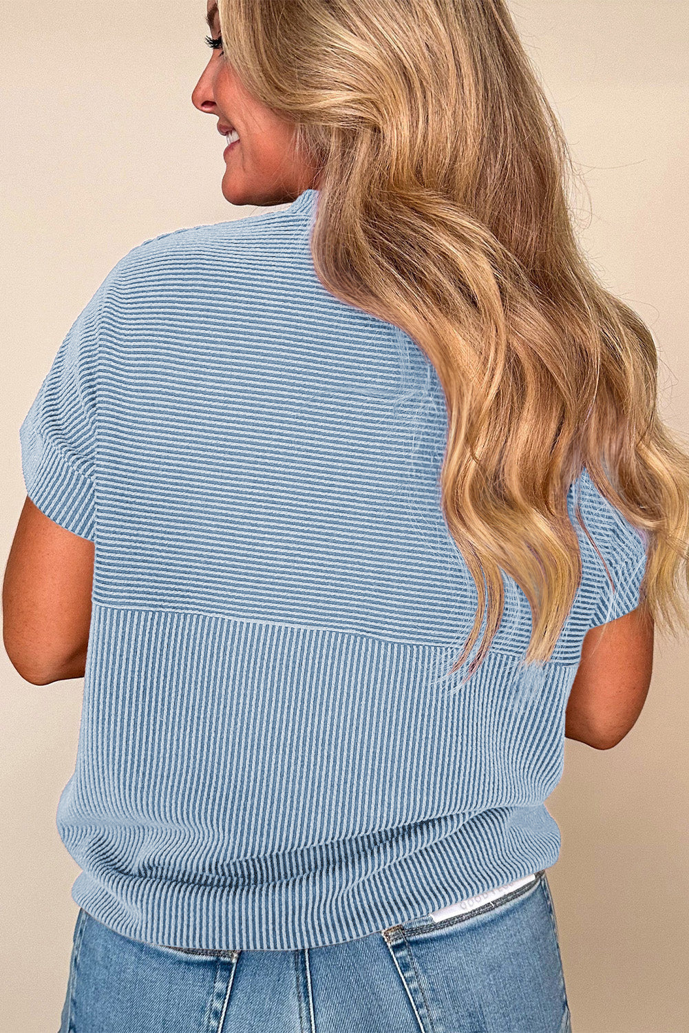 Myosotis Plain Corded Knit Mock Neck T Shirt