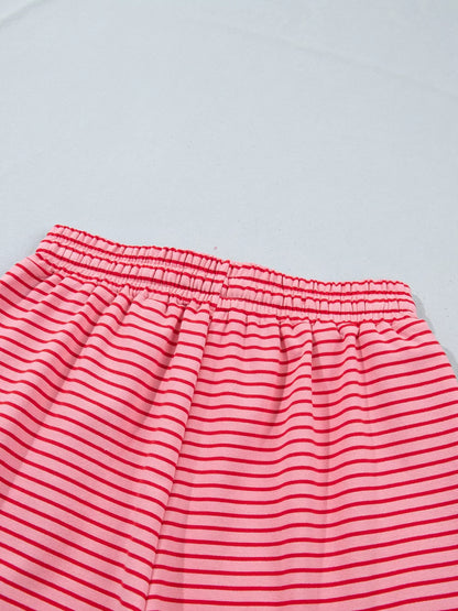 Stripe Ribbed Patchwork Mock Neck Baggy Pullover Matching Shorts Set