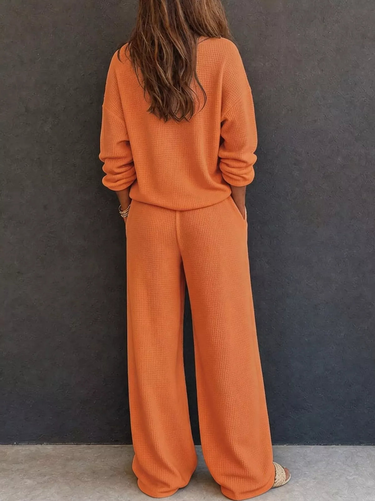 Women’s Waffle Knit Two-Piece Pants Set – Button-Front Top & Wide-Leg Pants