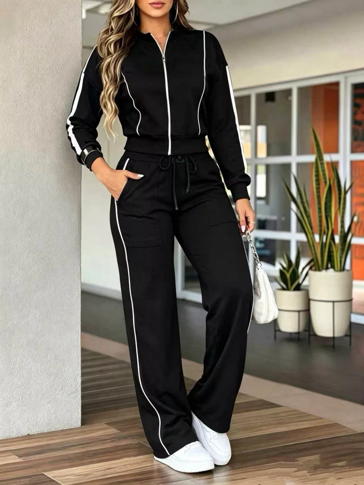 Contrast Zip Up Top and Pants Set