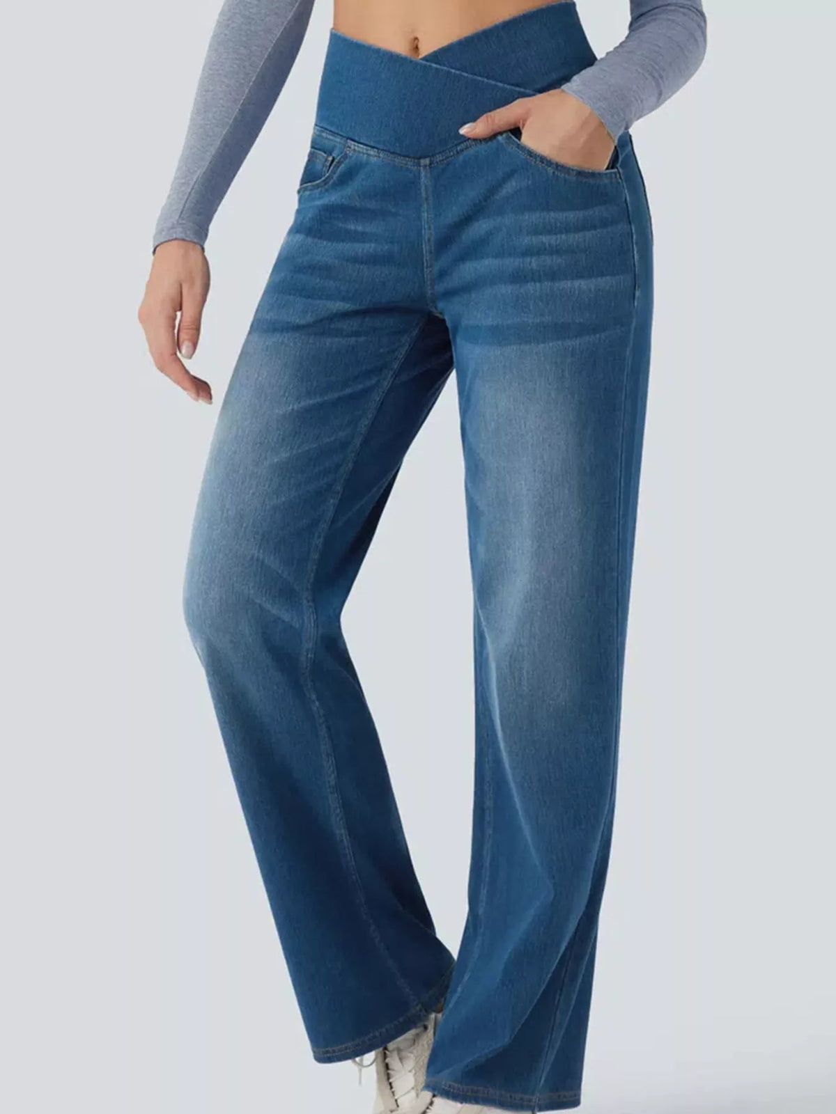 High Waisted Stretch Jeans with Crossover Waist | Straight Leg