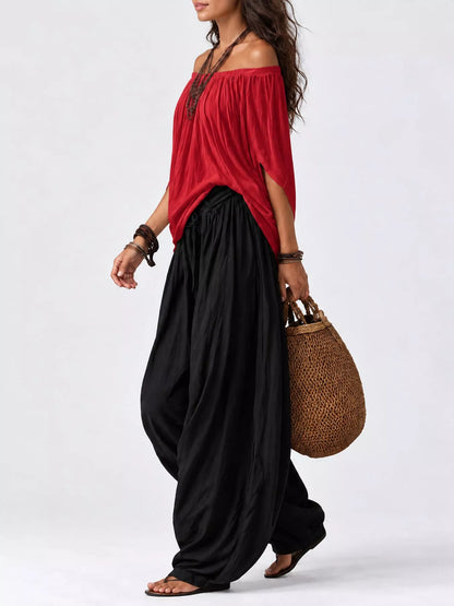 Full Size Off-Shoulder Top and Wide-Leg Harem Pants Set Plus Size