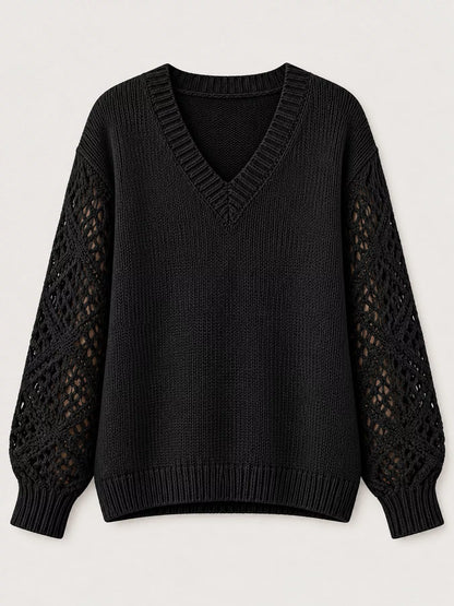 Full Size V-Neck Hollow-Out Long Sleeve Sweater Plus Size