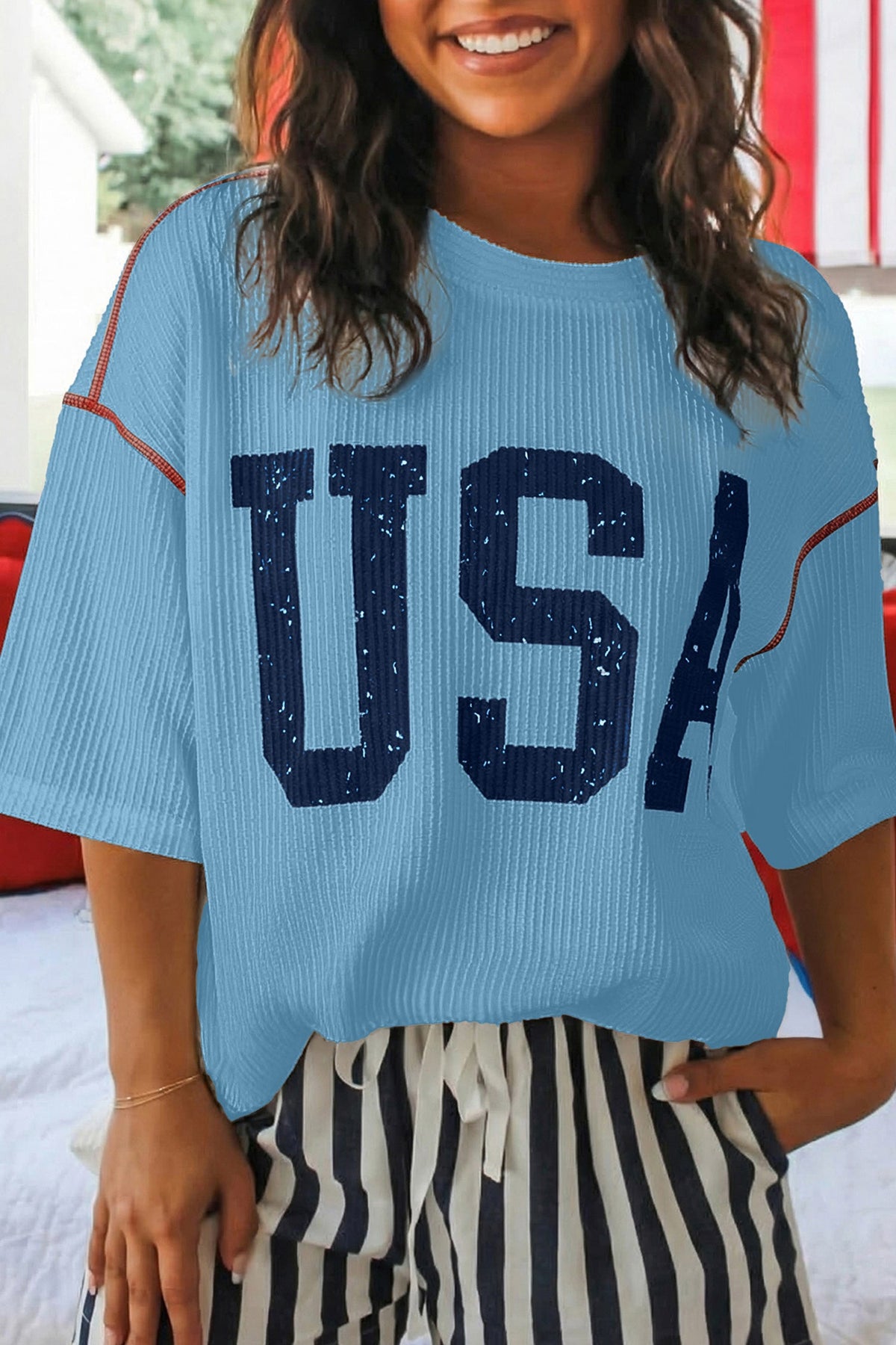 Beau Blue Usa Graphic Half Sleeve Loose Ribbed Top