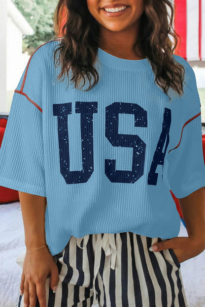Beau Blue Usa Graphic Half Sleeve Loose Ribbed Top