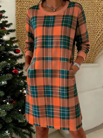 Full Size Plaid Long Sleeve Crew Neck Dress with Pockets Plus Size