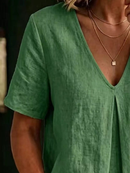 Full Size V-Neck Pleated Short Sleeve Blouse Plus Size