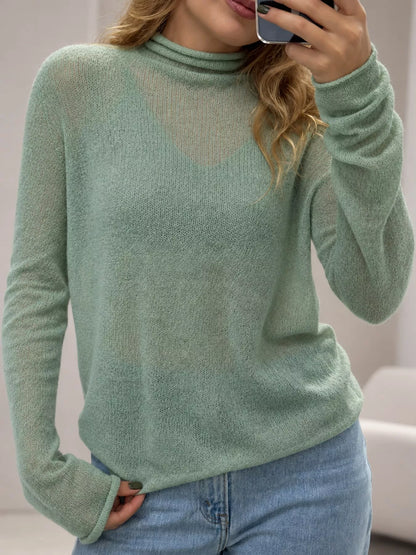 Women’s Sheer Turtleneck Knit Top – Lightweight Long Sleeve