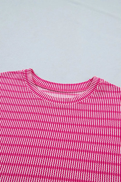 Stripe Raised Rib Loose Tee Drawstring Elastic Waist 2pcs Short Set