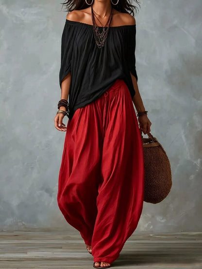 Full Size Off-Shoulder Top and Wide-Leg Harem Pants Set Plus Size