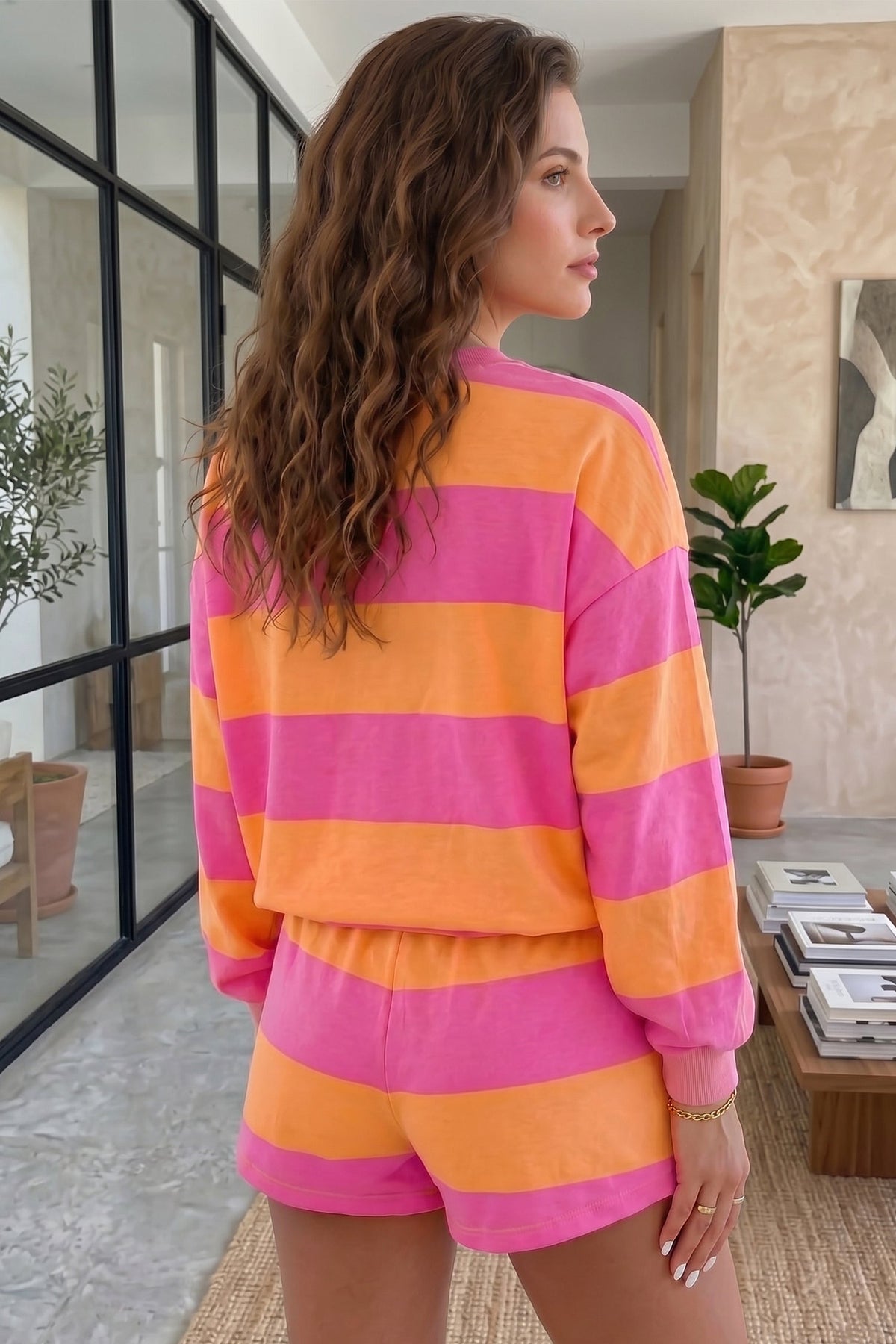 Pink Stripe Long Sleeve Casual Top Drawstring Shorts 2pcs Set