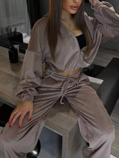 Zip Up Cropped Outerwear and Pants Set