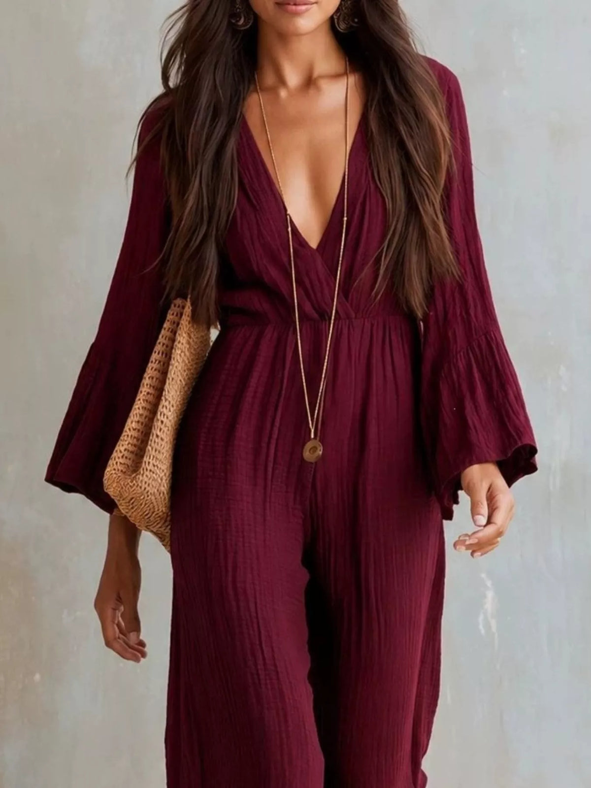 Textured Flare Sleeve Jumpsuit