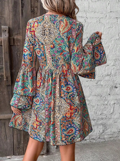 Paisley Print V-Neck Bell Sleeve Mini Dress