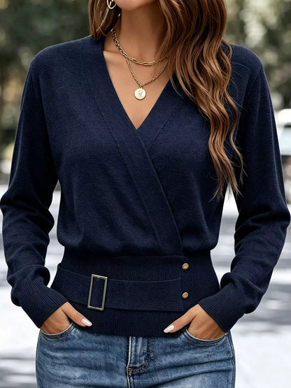 Surplice Elastic Waist Long Sleeve Knit Top