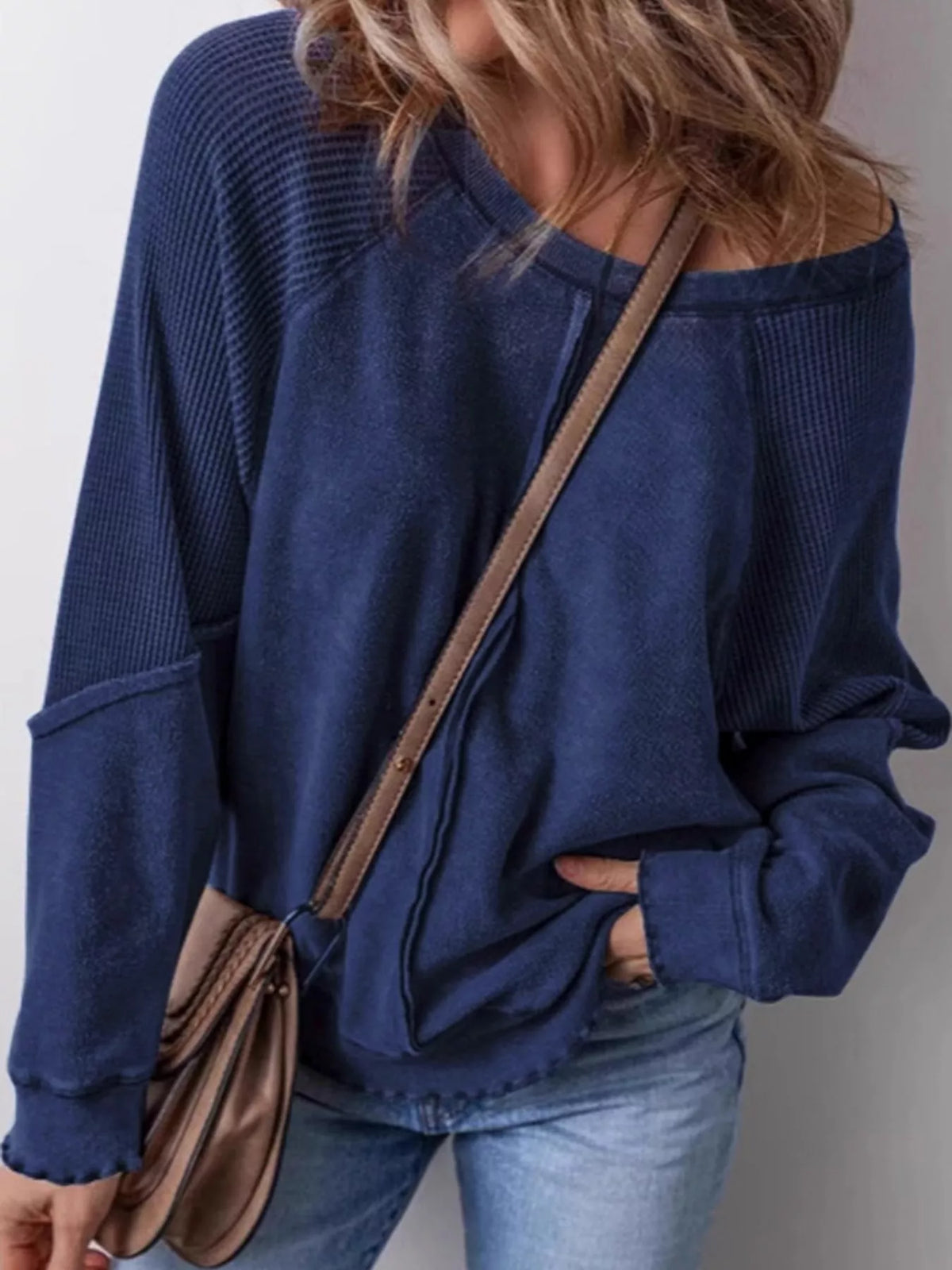 Waffle Knit Raglan Sleeve Sweatshirt