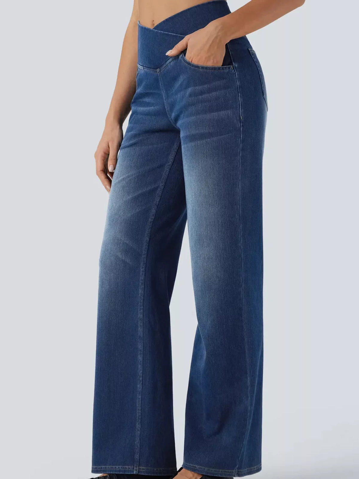 High Waisted Stretch Jeans with Crossover Waist | Straight Leg