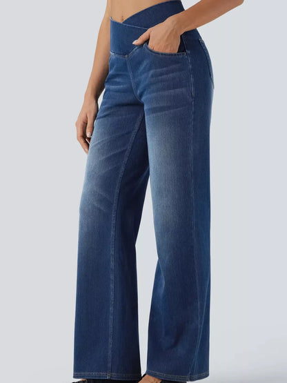 High Waisted Stretch Jeans with Crossover Waist | Straight Leg