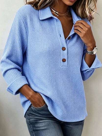 Full Size Waffle Knit Long Sleeve Polo Top Plus Size