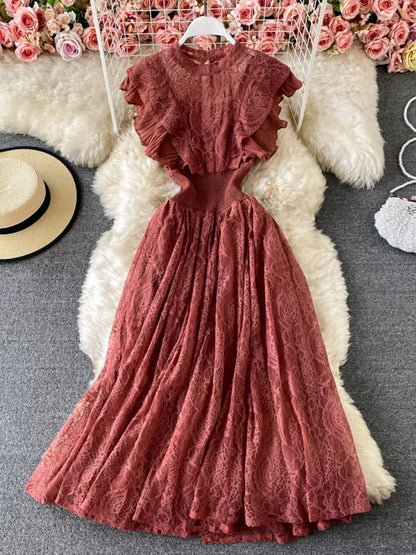 Ruffled Mock Neck Lace Maxi Dress