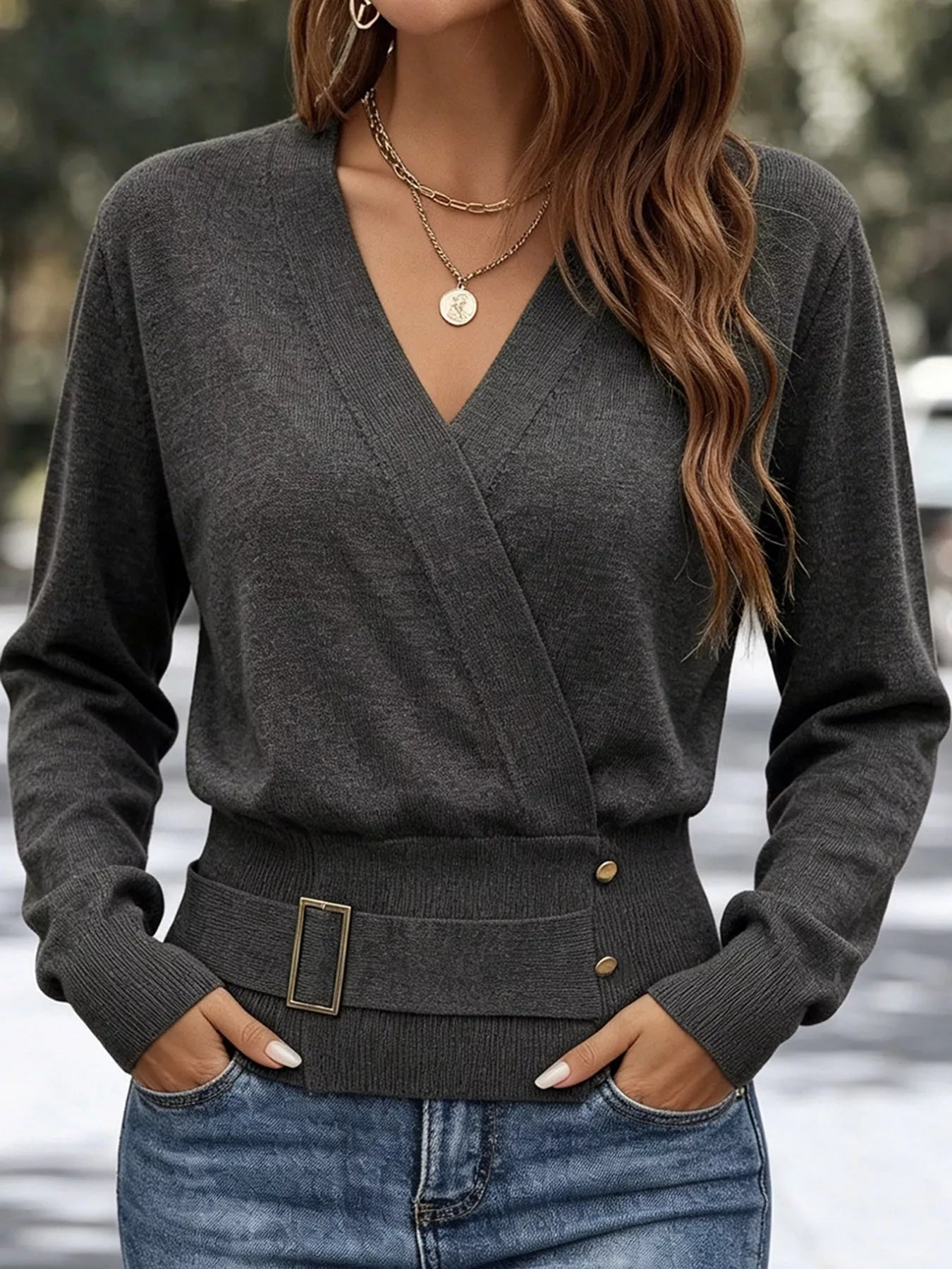 Surplice Elastic Waist Long Sleeve Knit Top
