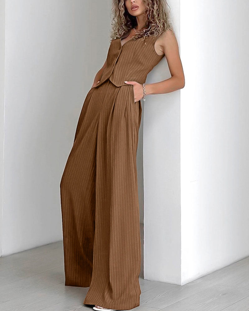 Retro V-neck striped two-piece set