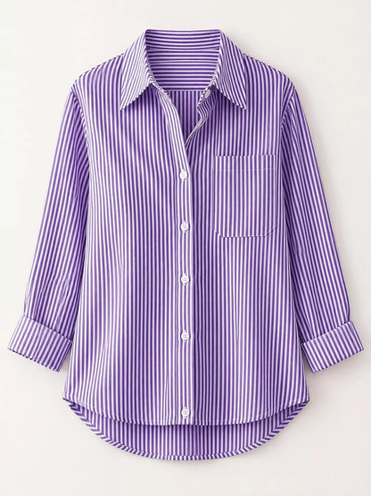 Full Size Striped Button-Down Long Sleeve Shirt Plus Size