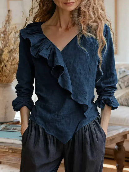 V-Neck Ruffled Long Sleeve Blouse