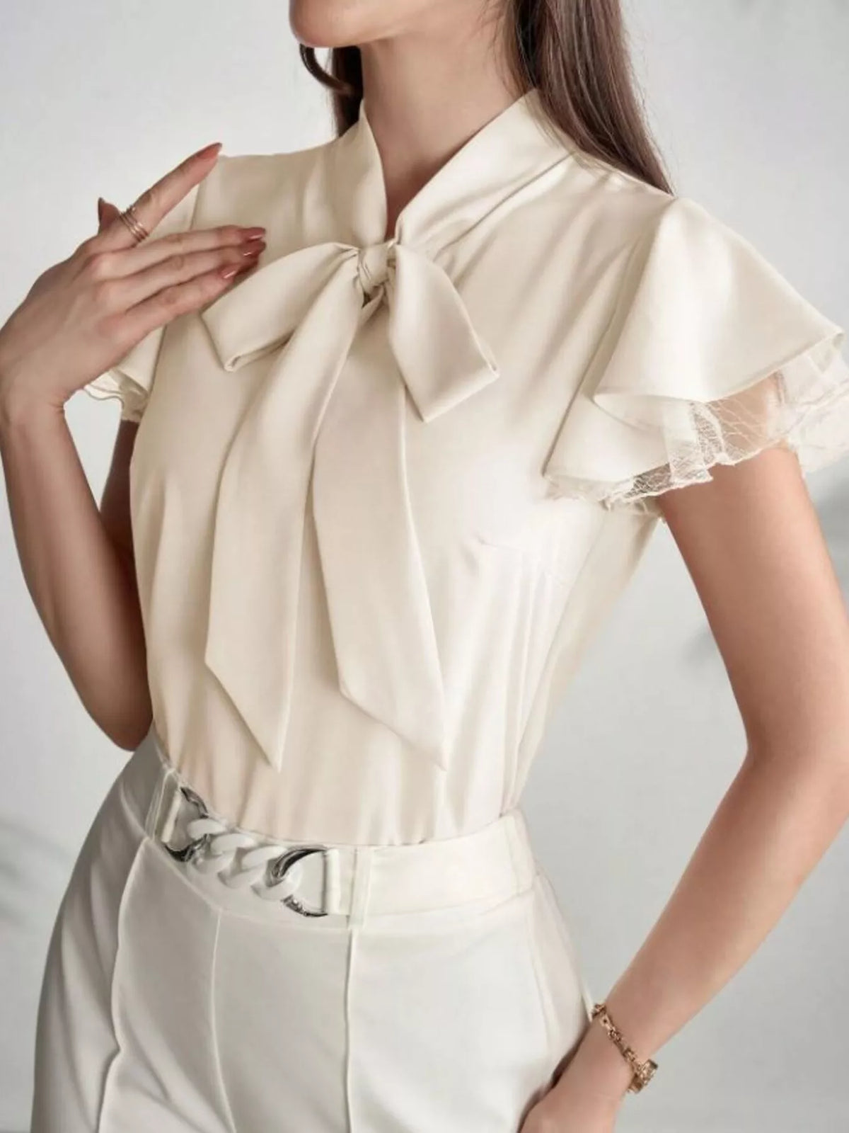 Tie-Neck Ruffle Sleeve Blouse