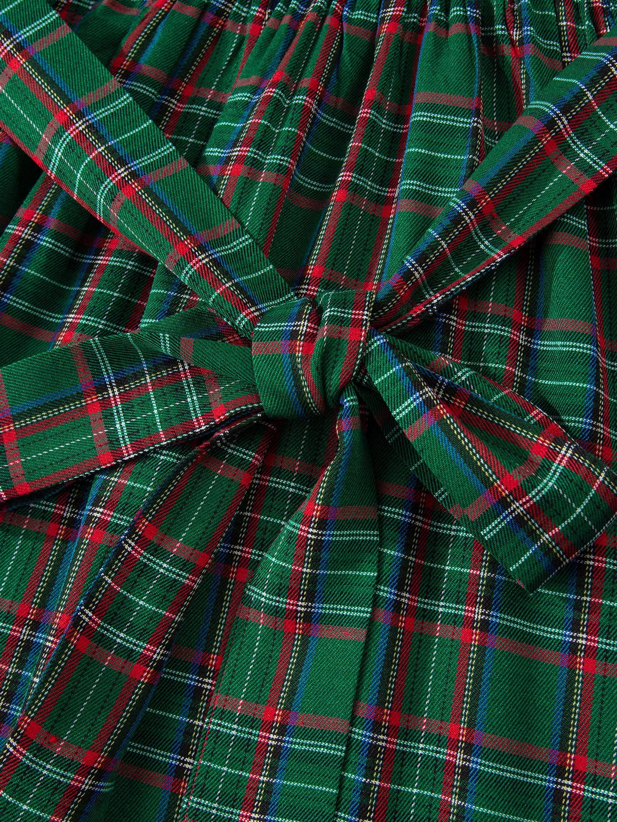 Plaid Square Neck Puff Sleeve Knot Waist Flared Midi Dress