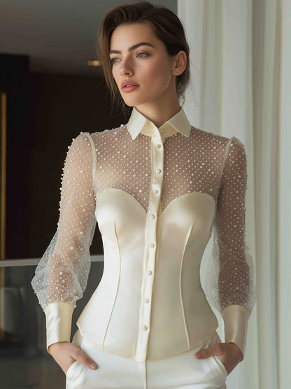 Pearl-Embellished Sheer Sleeve Structured Blouse
