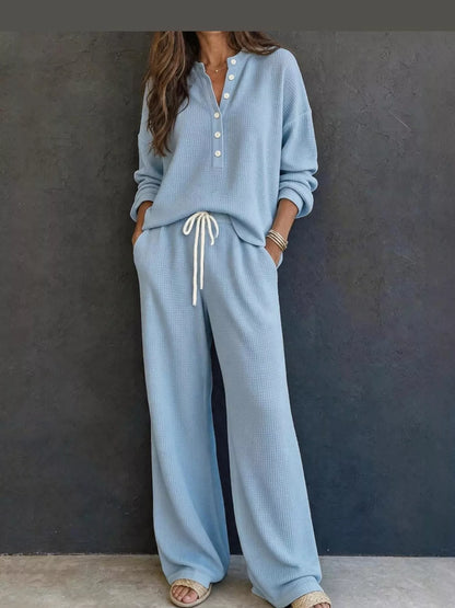 Women’s Waffle Knit Two-Piece Pants Set – Button-Front Top & Wide-Leg Pants