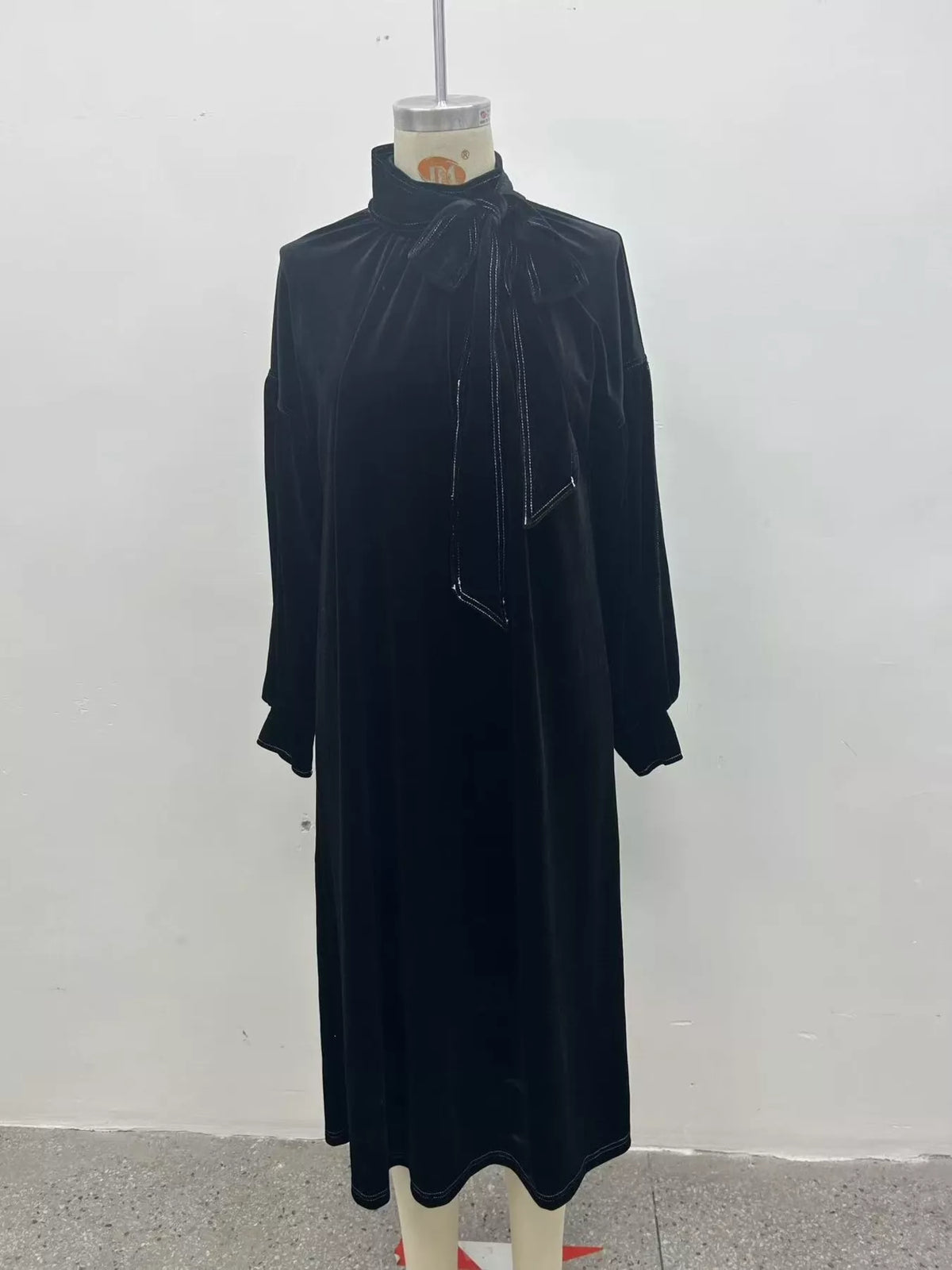 Full Size Velvet Tie-Neck Lantern Sleeve Midi Dress Plus Size