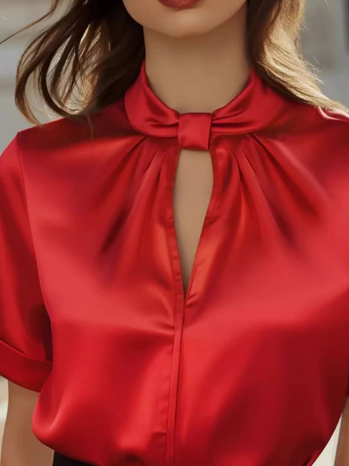 Satin Keyhole Short Sleeve Blouse