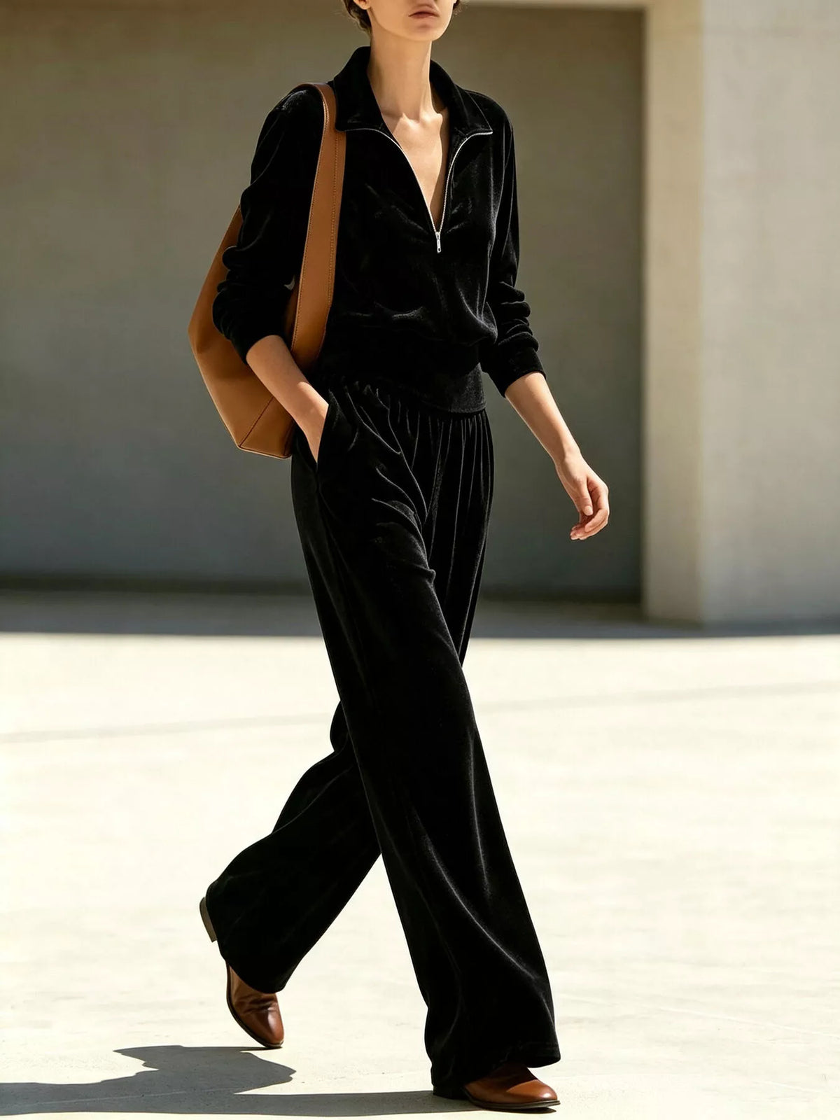 Full Size Quarter-Zip Top and Wide-Leg Pants Set Plus Size
