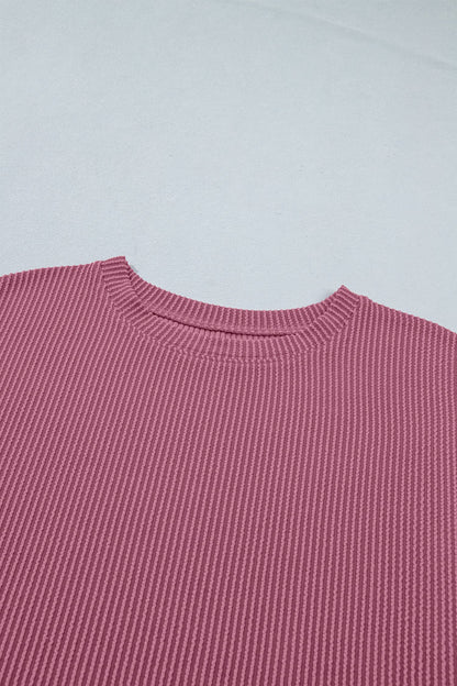 Pitaya Pink Twisted Ribbed Loose Tee Drawstring Elastic Waist 2pcs Short Set