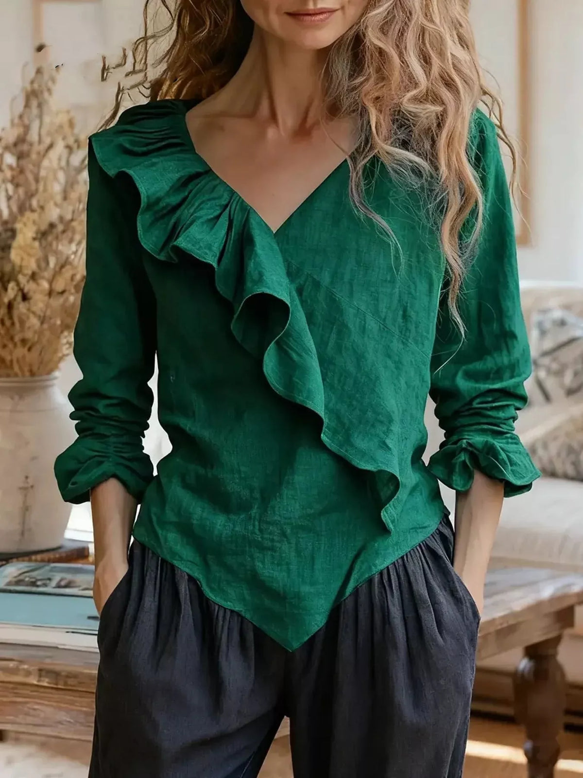 V-Neck Ruffled Long Sleeve Blouse