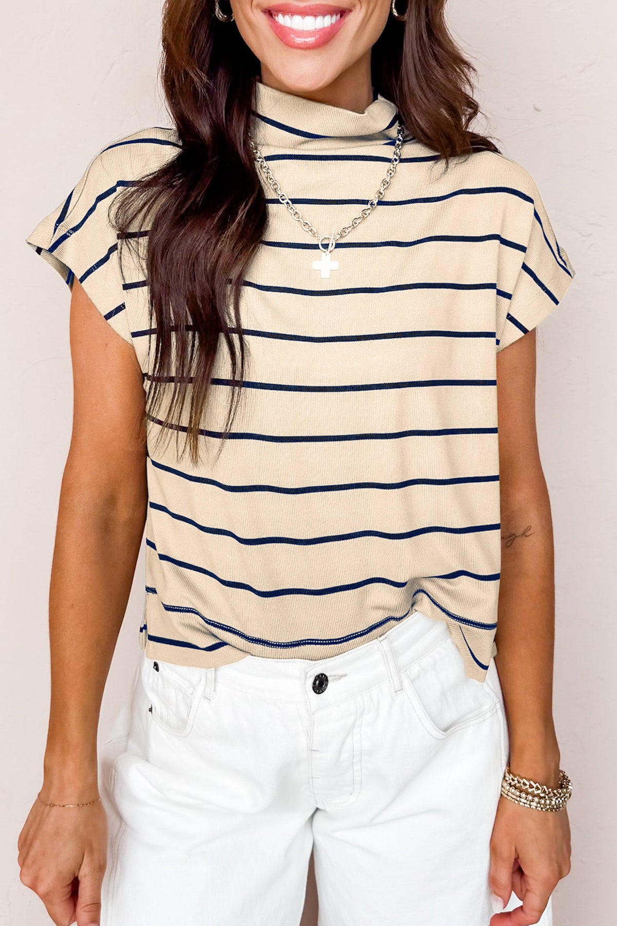 Khaki Stripe Mock Neck Short Sleeve Loose Top