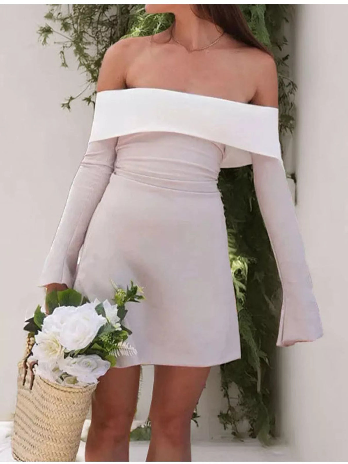 Off-Shoulder Flare Sleeve Mini Dress