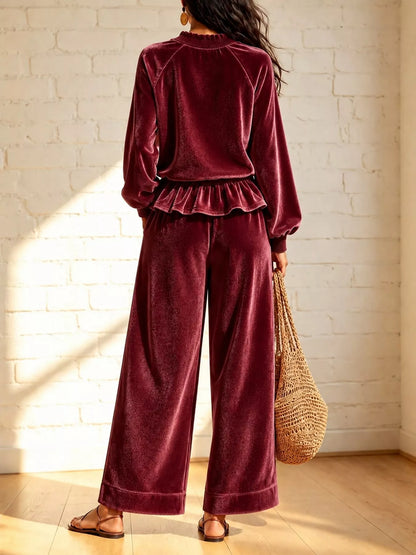 Velvet Ruffled Hem Top and Wide-Leg Pants Set