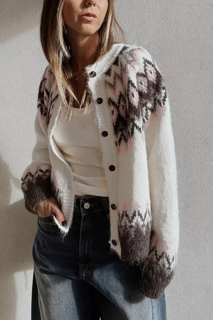 Geometric Pattern Brushed Knit Button Cardigan