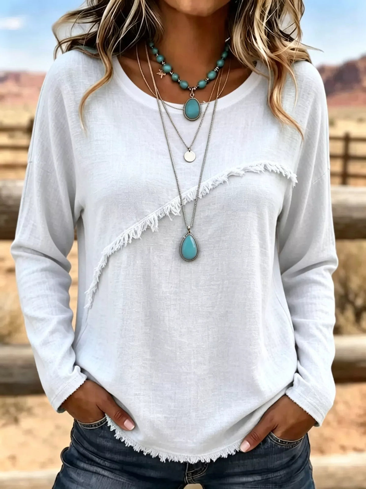 Plus Size Fringe Long Sleeve Top | Relaxed Casual T-Shirt