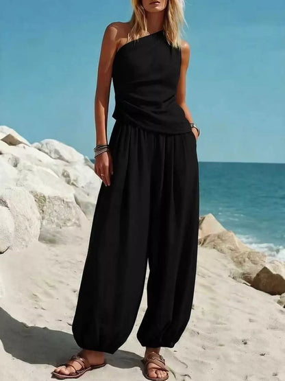 Full Size One-Shoulder Top and Wide-Leg Pants Set Plus Size