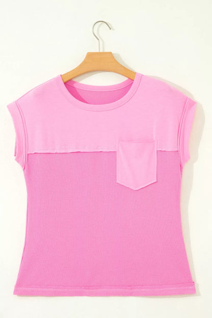 Solid Color Raw Seam Waffled Patchwork Casual T Shirt
