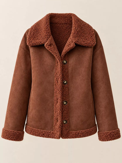 Full Size Cozy Faux Suede Sherpa-Lined Button-Down Jacket Plus Size