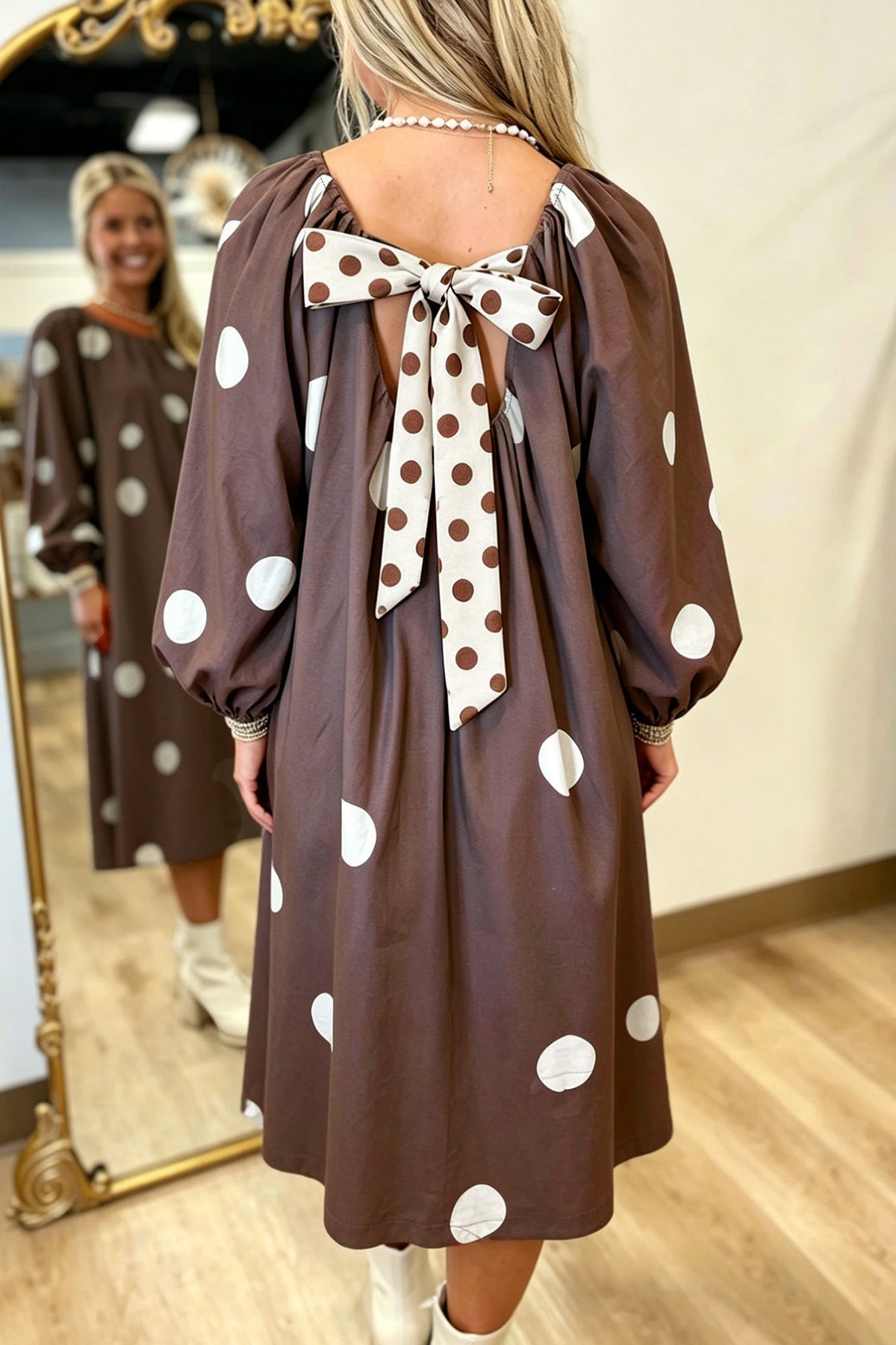 Brown Polka Dot Contrast Bow Knot Back Long Sleeve Midi Dress