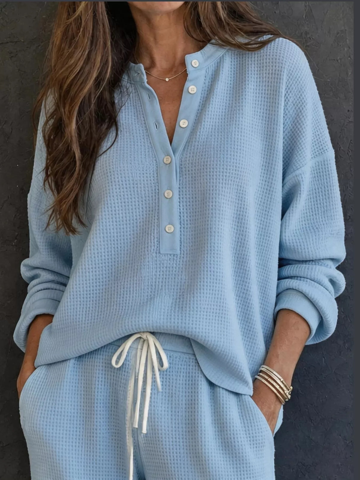 Women’s Waffle Knit Two-Piece Pants Set – Button-Front Top & Wide-Leg Pants