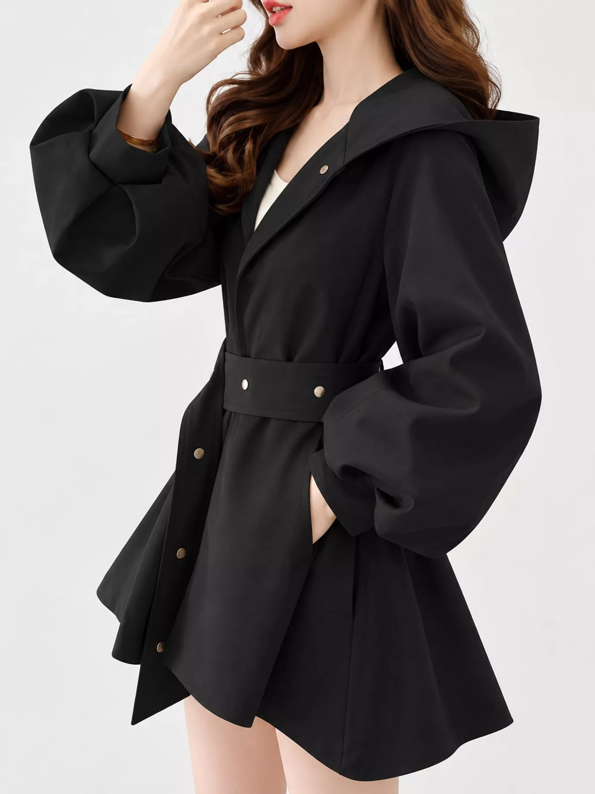 Lantern Sleeve Hooded Outerwear with Belted Waist